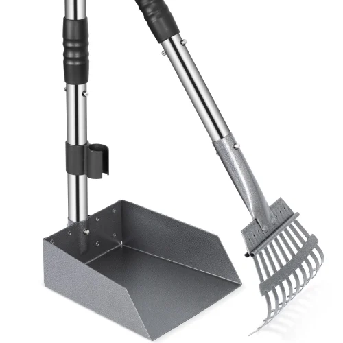 Poop Tray and Rake Set with Long Adjustable Sectional Stainless Handles